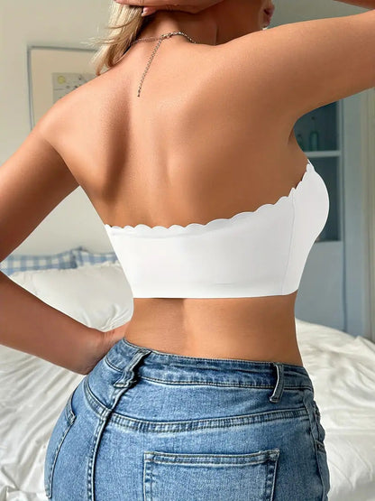 Hugmecurve® Womens Strapless Bra Non-Slip Padded Bandeau Bras Front Closure Bras for Women Wavy Trim Seamless Tube Top Bralette