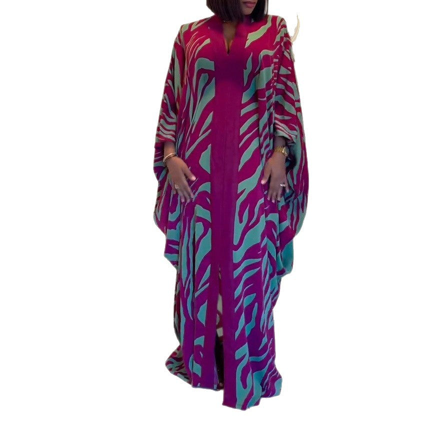 Women's Abstract Zebra Print Batwing Sleeve Maxi Caftan