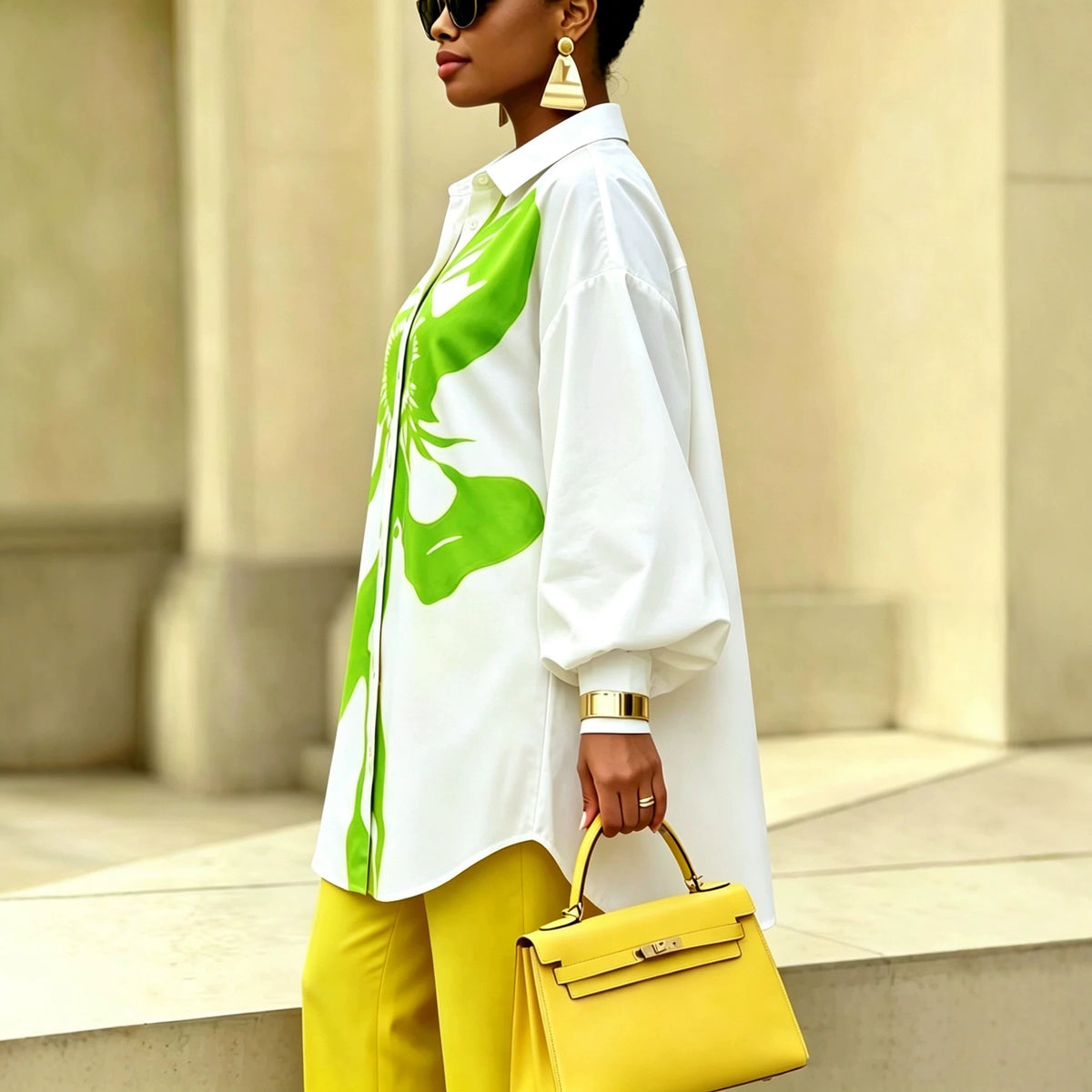 Abstract Print Balloon Sleeve Shirt – Oversized Button-Down