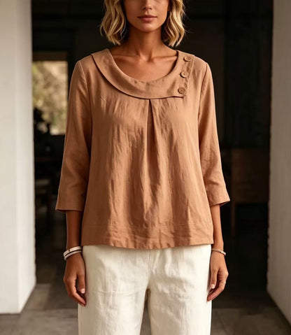 Asymmetrical Button Collar Linen Top