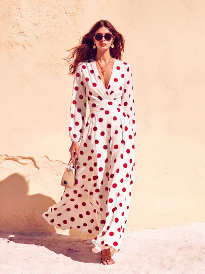 Polka Dot Wrap V-Neck Long Sleeve Maxi Dress
