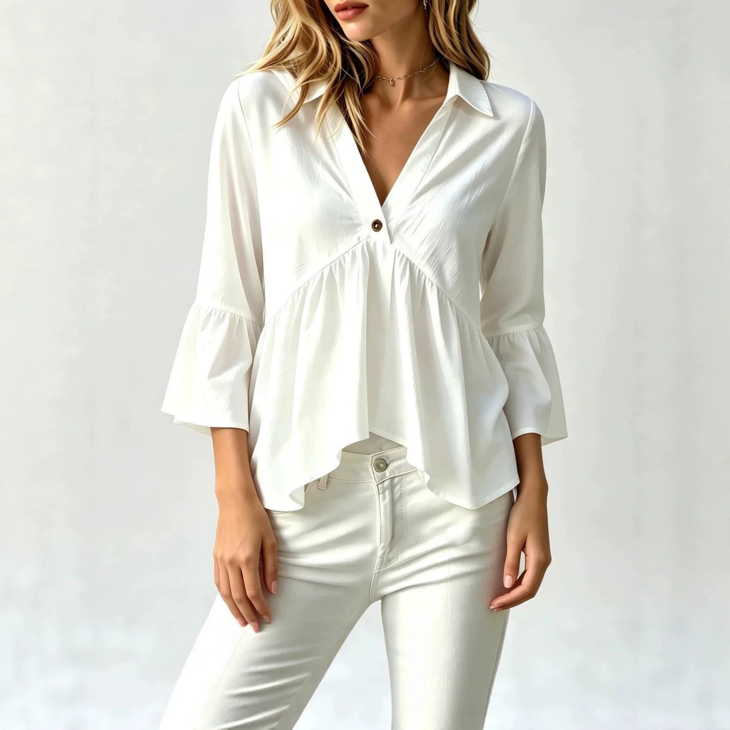 Collared V-Neck Peplum Blouse Top