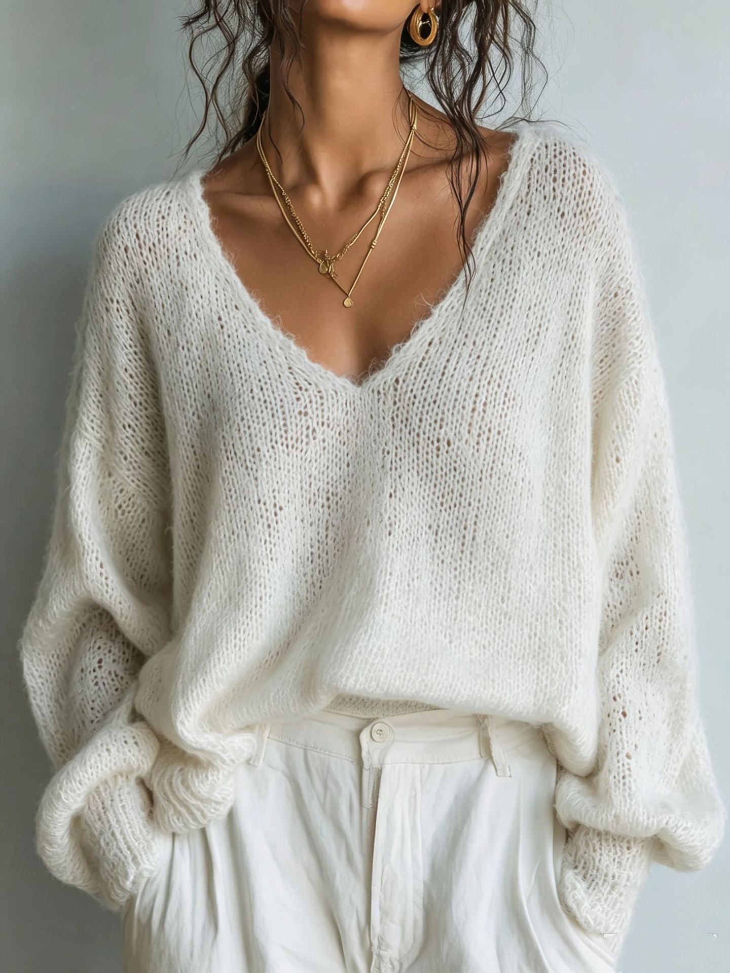 Lightweight Knit V-Neck Relaxed Sweater