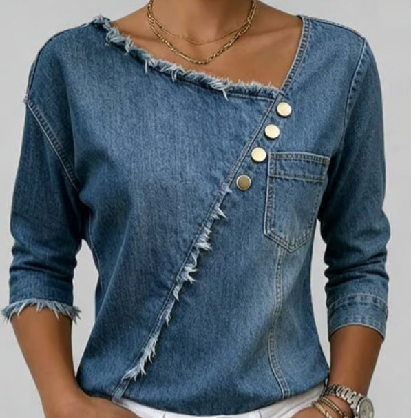 Asymmetric Frayed Denim Top