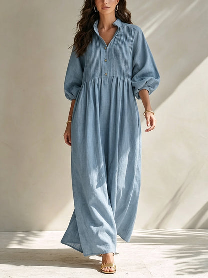 Pintuck Collar Maxi Dress with Balloon Sleeves