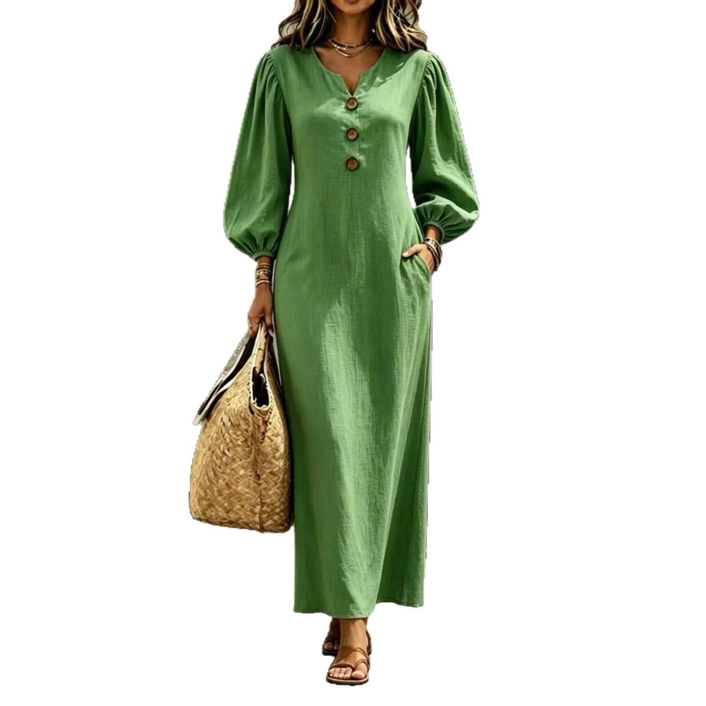 Linen Blend Notch V Neck Balloon Sleeve Maxi Dress