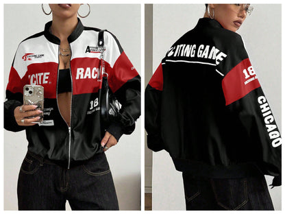 Women Color Block Racing Jacket Zip Up Letter Print Bomber Jacket Y2K Streetwear