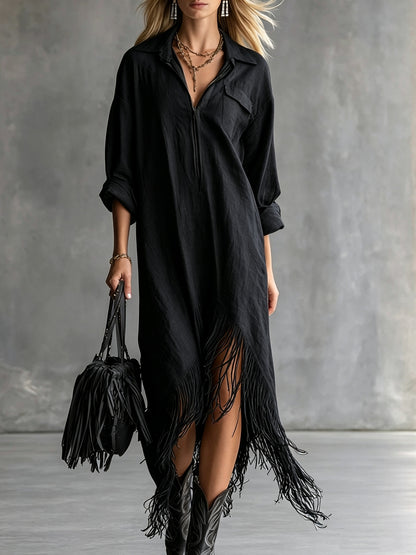 Half Zip Fringe Hem Boho Shirt Dress