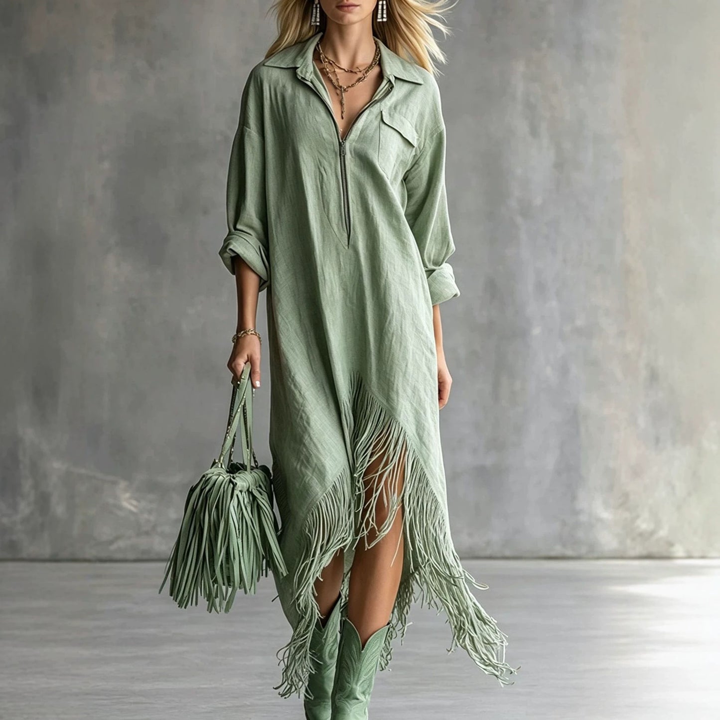 Half Zip Fringe Hem Boho Shirt Dress