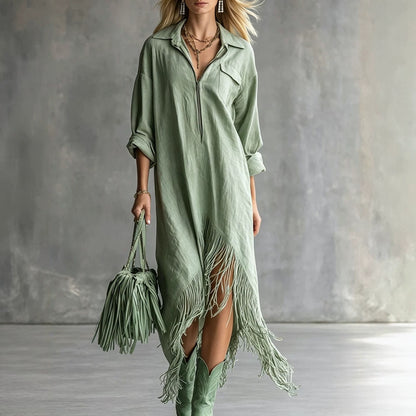 Half Zip Fringe Hem Boho Shirt Dress
