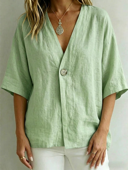 Relaxed Linen V-Neck Button-Front Shirt