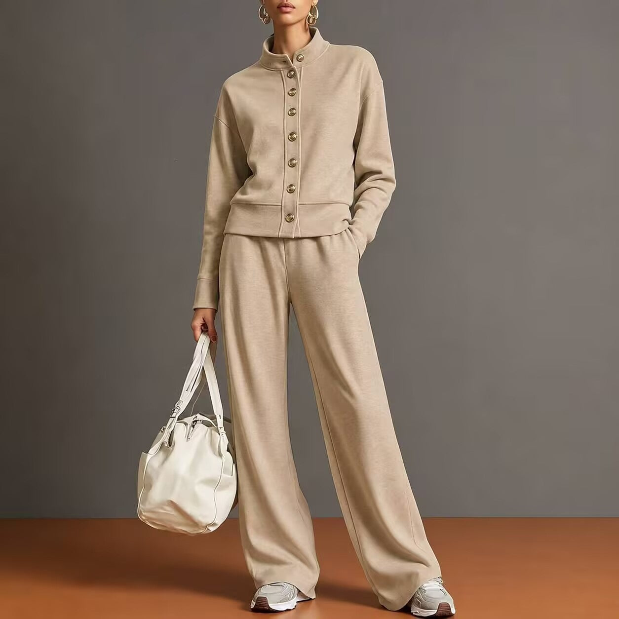 New Solid Color Stand-Up Collar Cardigan Sweatshirt Wide-Leg Pants Suit Independent Station Popular Women
