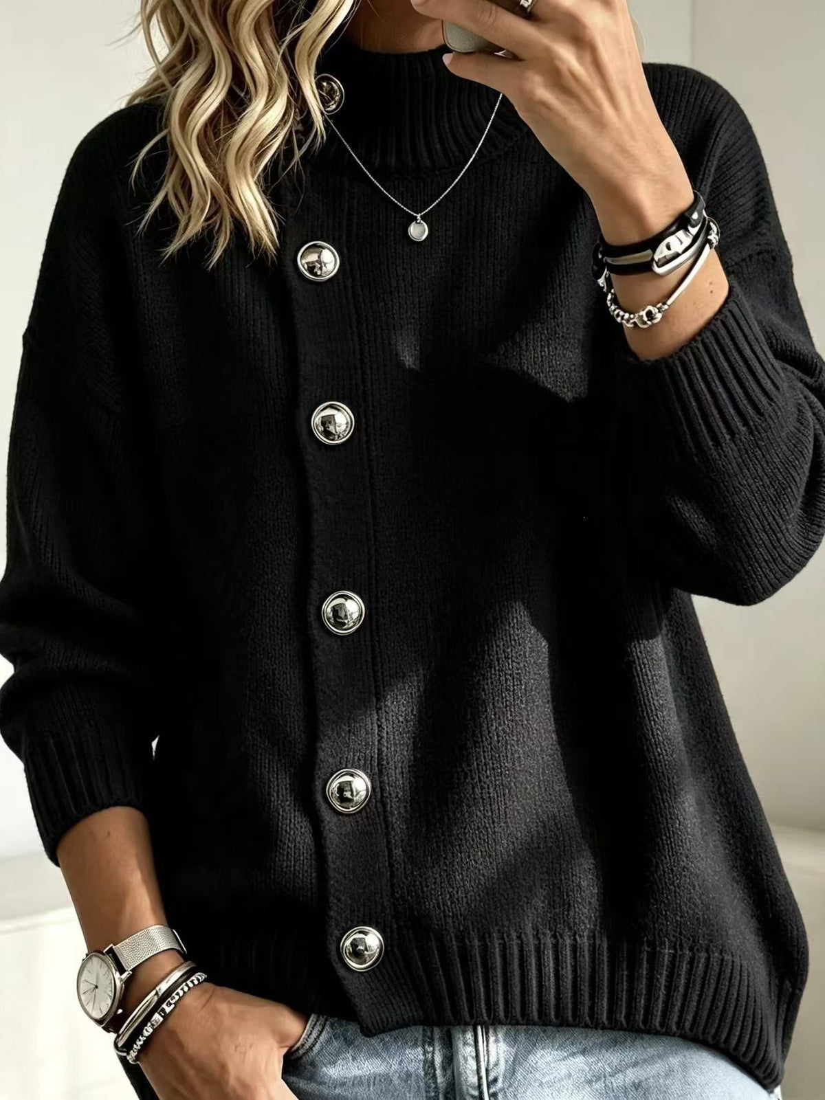 Women's Stand Collar Button Front Knit Sweater, Long Sleeve Loose Casual Pullover Jumper