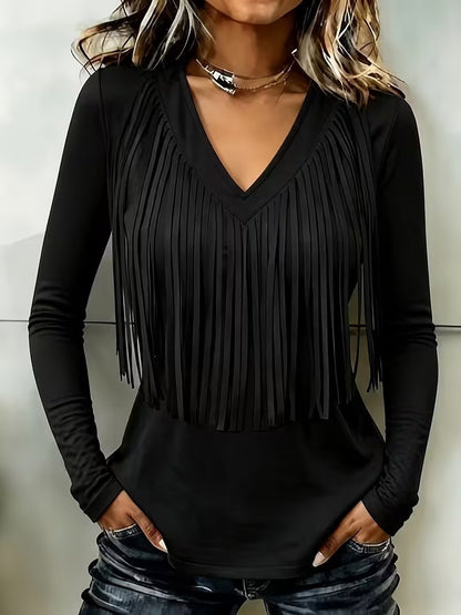 Vintage Elegant Cotton Blend Patchwork Fringed T-shirt