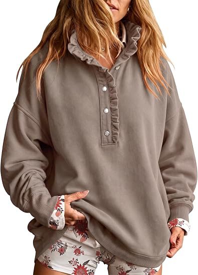 Ruffle Collar Half-Button Oversized Sweatshirt