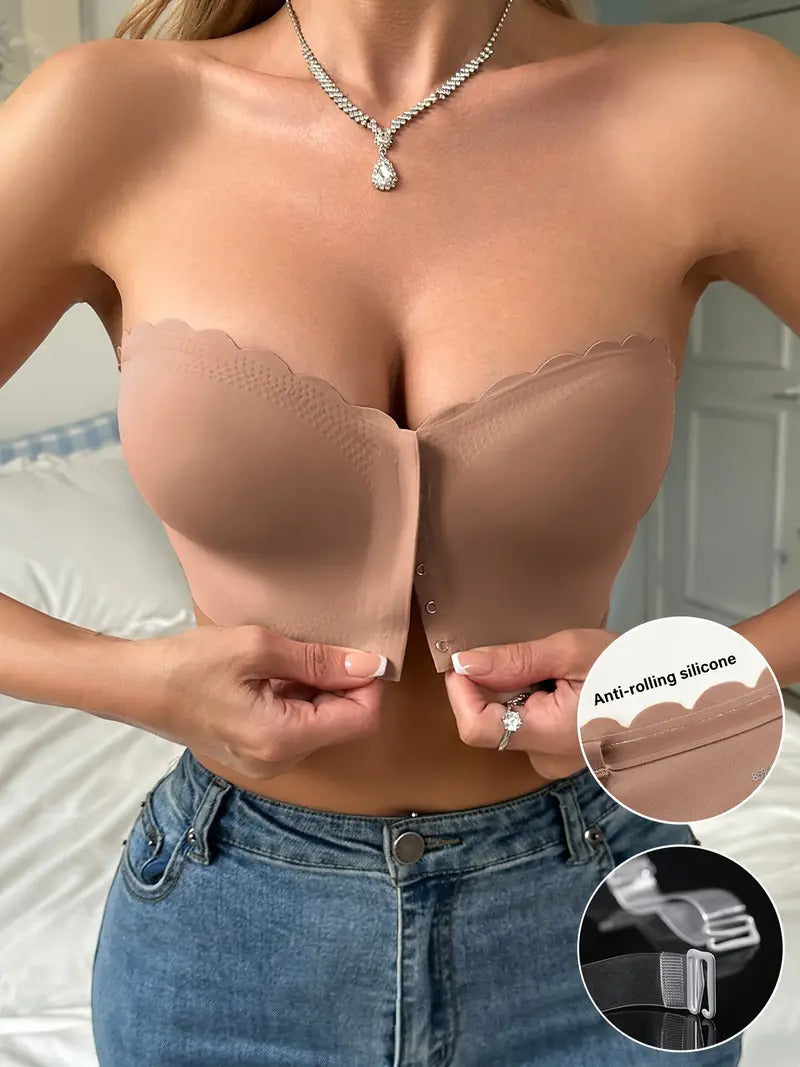 Hugmecurve® Womens Strapless Bra Non-Slip Padded Bandeau Bras Front Closure Bras for Women Wavy Trim Seamless Tube Top Bralette