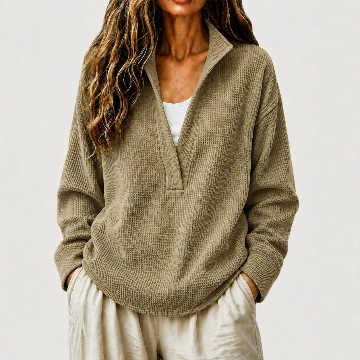 Waffle Textured Half Zip Stand Collar Long Sleeve Top