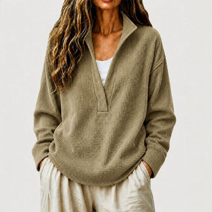 Waffle Textured Half Zip Stand Collar Long Sleeve Top