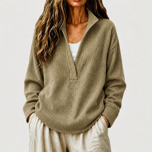 Waffle Textured Half Zip Stand Collar Long Sleeve Top