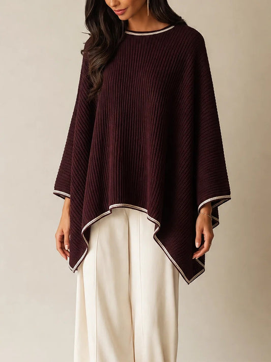 Contrast Trim Ribbed Knit Poncho Top