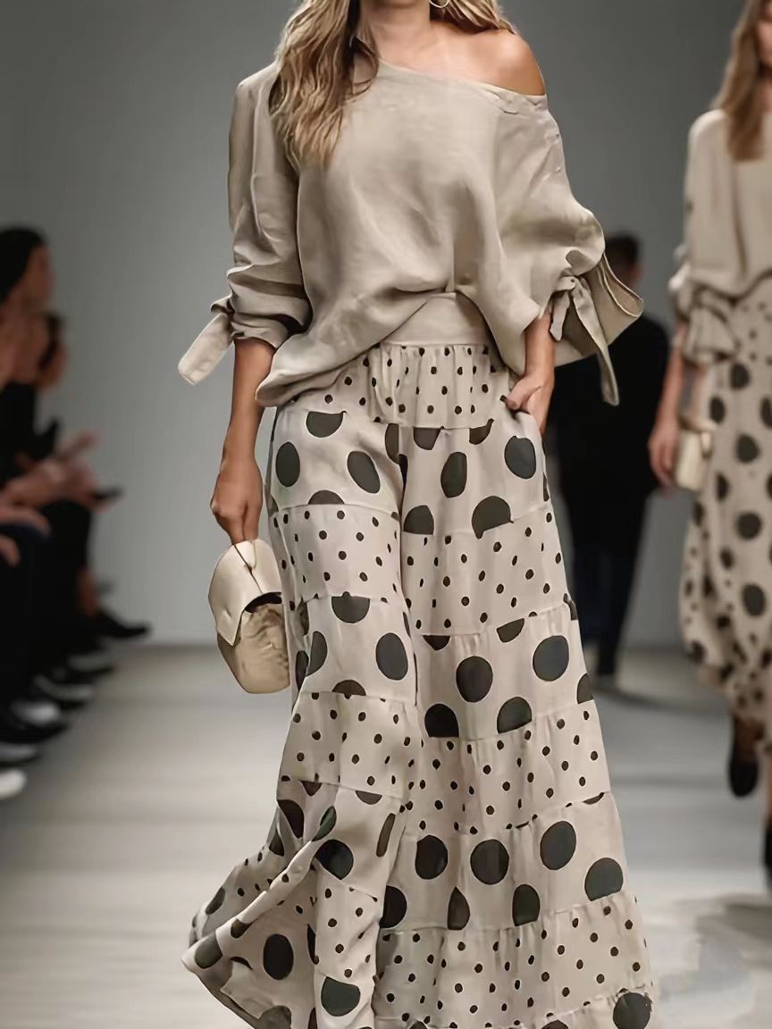 Linen Off Shoulder Top & Polka Dot Tiered Wide Leg Pants Two Piece Set