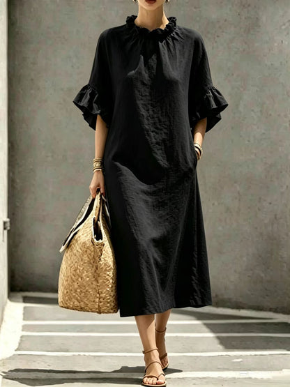 Textured Linen Ruffle Neck Flounce Sleeve Midi Shift Dress