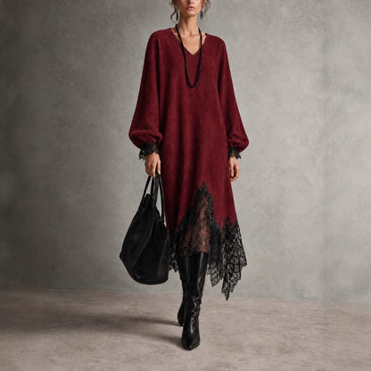 V‑Neck Lantern Sleeve Lace Trim Midi Knit Dress