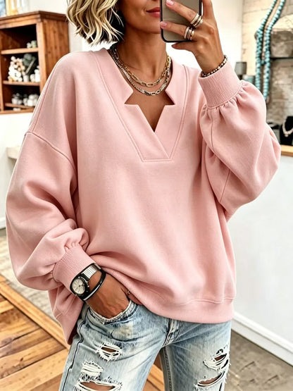 Women Solid Notched Split V-Neck Balloon Long Sleeve Oversized Sweatshirt