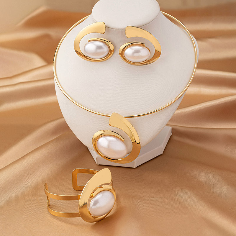 Abstract Curve Statement Jewelry 4-Piece Set | Open Choker Necklace + Adjustable Cuff Bracelet + Matching Drop Earrings