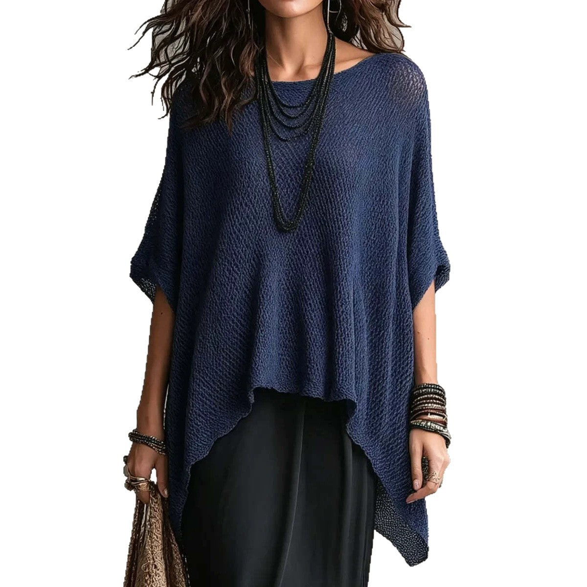 Open Knit Asymmetrical High Low Batwing Oversized Tunic Top
