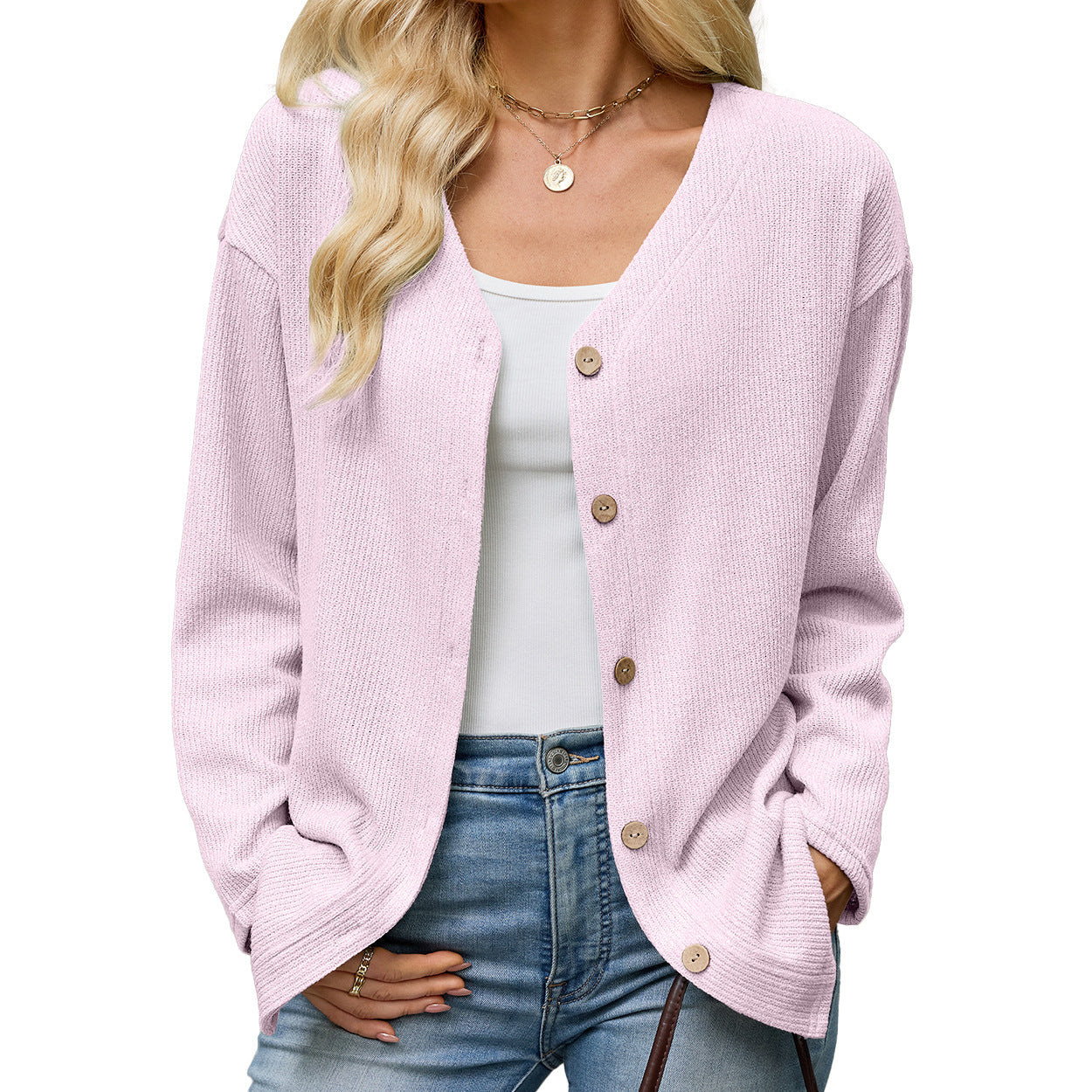 Button Front V-Neck Knit Cardigan