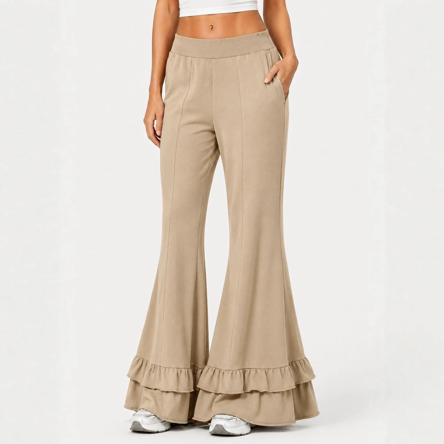 High Waist Front Seam Double Ruffle Hem Flare Knit Pants