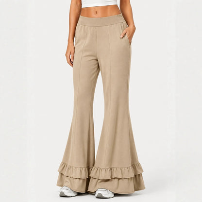 High Waist Front Seam Double Ruffle Hem Flare Knit Pants