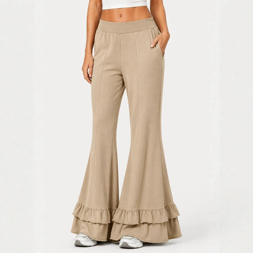 High Waist Front Seam Double Ruffle Hem Flare Knit Pants
