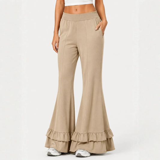 High Waist Front Seam Double Ruffle Hem Flare Knit Pants