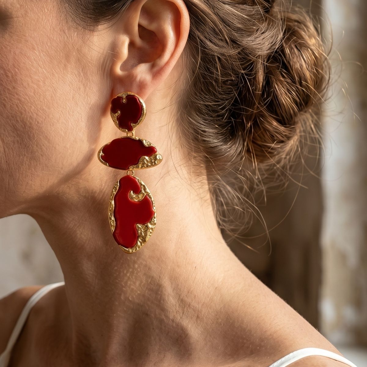 Abstract Red Enamel Tiered Drop Earrings Hammered 14K Gold Plated Statement Dangle Earrings - EH5799