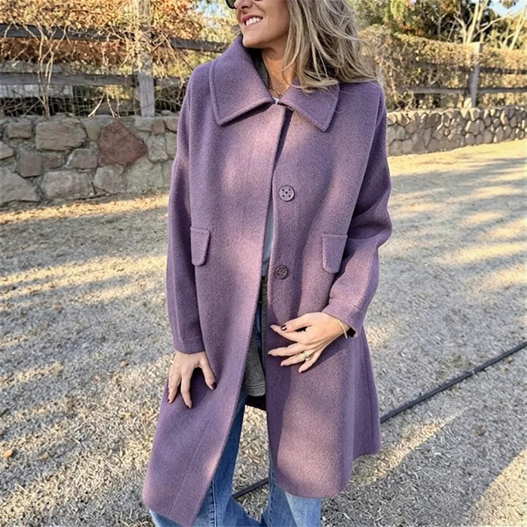Casual Loose Single Breasted Wool Blend Midi Coat with Pockets