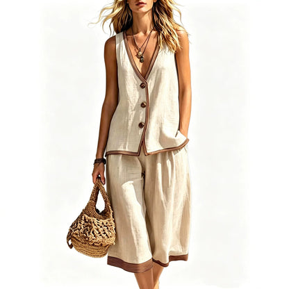 Linen Contrast‑Trim Vest & Culottes Two‑Piece Set