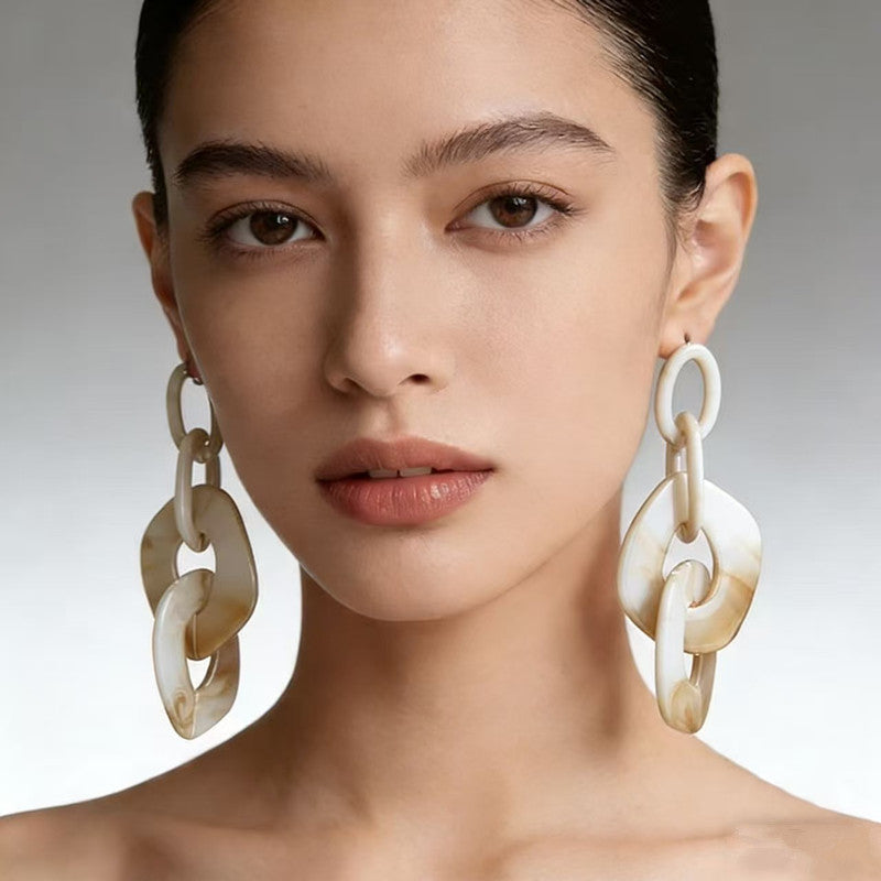 Marbled Resin Interlocked Chain Drop Earrings Oversized Chunky Link Statement Dangle Earrings