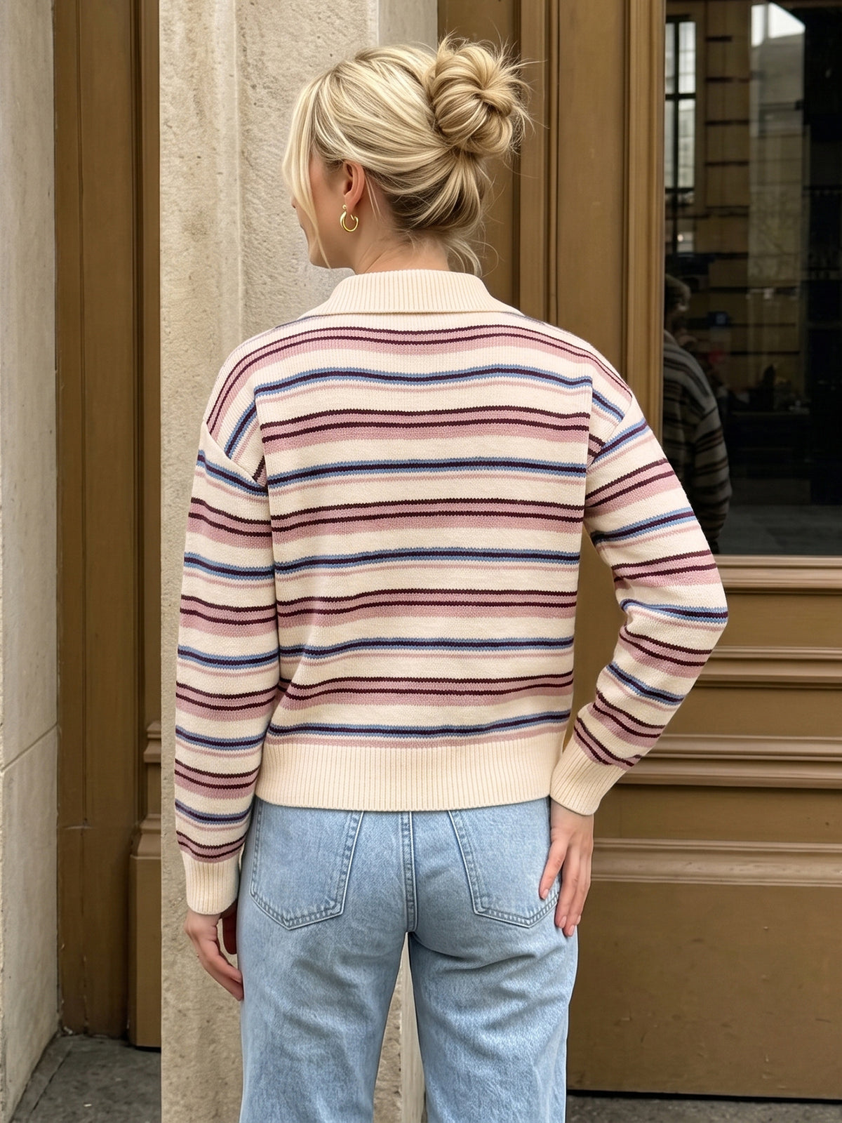 Women's Collared Half Button Colorful Striped Long Sleeve Knit Sweater