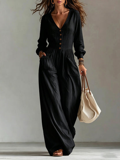 V-Neck Button Front Wide Leg Jumpsuit