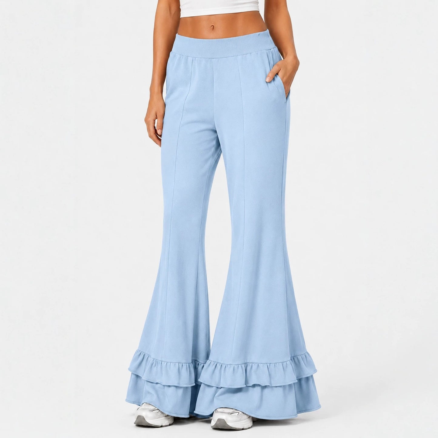 High Waist Front Seam Double Ruffle Hem Flare Knit Pants