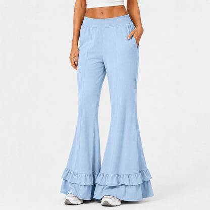 High Waist Front Seam Double Ruffle Hem Flare Knit Pants