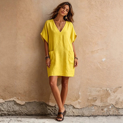 Relaxed V-Neck Linen Mini Dress with Pockets