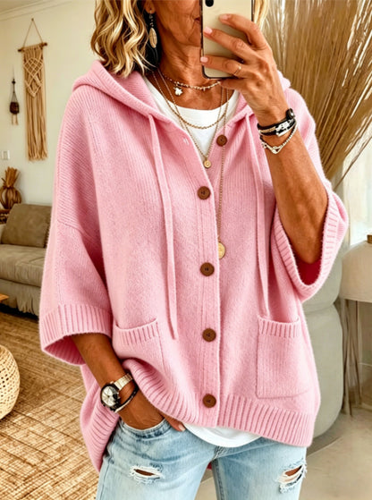 Drawstring Hooded 3/4 Sleeve Wooden Button Knit Cardigan