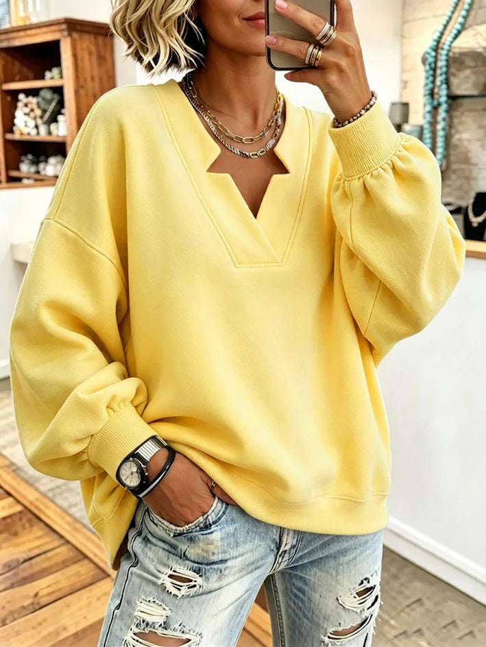 Women Solid Notched Split V-Neck Balloon Long Sleeve Oversized Sweatshirt