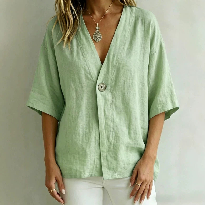 Relaxed Linen V-Neck Button-Front Shirt
