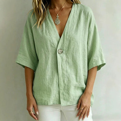 Relaxed Linen V-Neck Button-Front Shirt