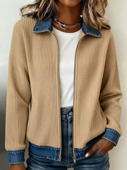Ribbed Knit Zip Jacket with Denim Trim