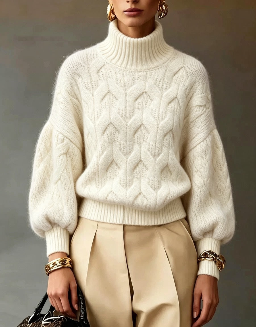 Women's Bright Yellow Turtleneck Cable Knit Oversized Pullover Sweater